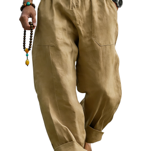 Men’s Linen Blend Loose Fit Pants Breathable Summer Beach Trousers - Dark Khaki