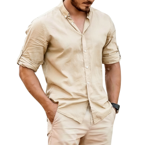 Men's Lightweight Linen Stand Collar Shirt - Oatmeal