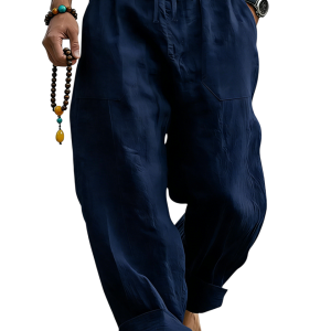 Men’s Linen Blend Loose Fit Pants Breathable Summer Beach Trousers - Navy