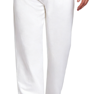 Men's Cotton Linen Blend Casual Beach Pants Relaxed Fit With Elastic Waistband And Drawstring Detail - White