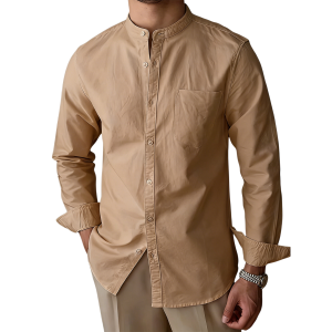 Men’s Mandarin Collar Shirt - Light Brown