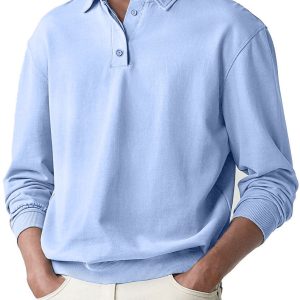 Men's Soild Color Polo Shirt Long Sleeve - Sky Blue