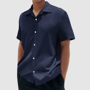 Men's Everyday Casual Cotton Textured Short Sleeve Shirt - Navy Blue