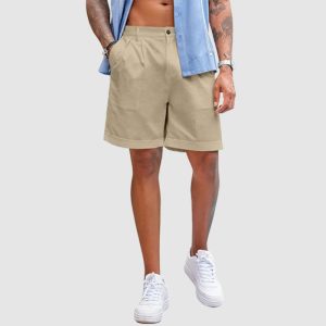 Men’s Linen Shorts Classic Fit Casual Elastic Waist Summer Beach Shorts - Khaki