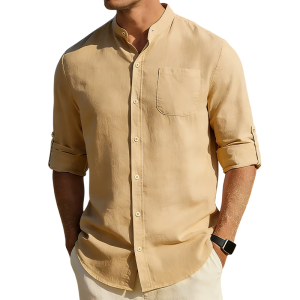 Men’s Cotton Linen Band Collar Shirt - Khaki