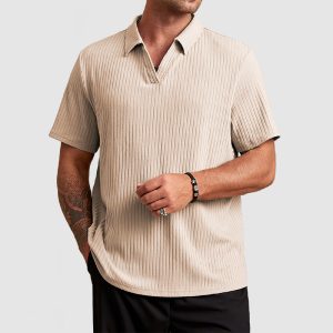 Men's Cotton Knit Striped Textured Short Sleeve Polo Shirt - Apricot