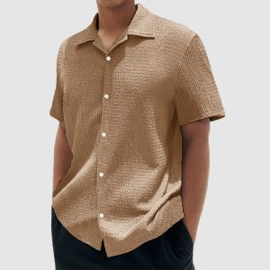 Men's Everyday Casual Cotton Textured Short Sleeve Shirt - Khaki