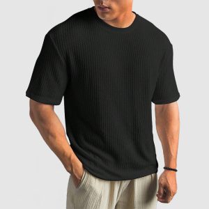 Men's Casual Knit Textured Breathable Crew Neck T-Shirt - Black