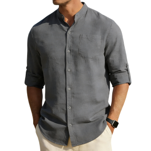 Men’s Cotton Linen Band Collar Shirt - Light gray