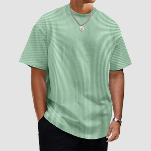 Men's Summer Solid Color Vertical Strip Short-Sleeved T-Shirt - Green