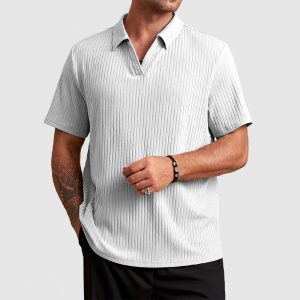 Men's Cotton Knit Striped Textured Short Sleeve Polo Shirt - White