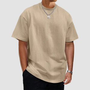 Men's Summer Solid Color Vertical Strip Short-Sleeved T-Shirt - Khaki