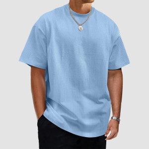 Men's Summer Solid Color Vertical Strip Short-Sleeved T-Shirt - Blue