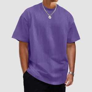 Men's Summer Solid Color Vertical Strip Short-Sleeved T-Shirt - Purple