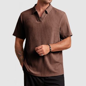 Men's Cotton Knit Striped Textured Short Sleeve Polo Shirt - Brown