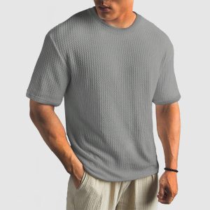 Men's Casual Knit Textured Breathable Crew Neck T-Shirt - Grey